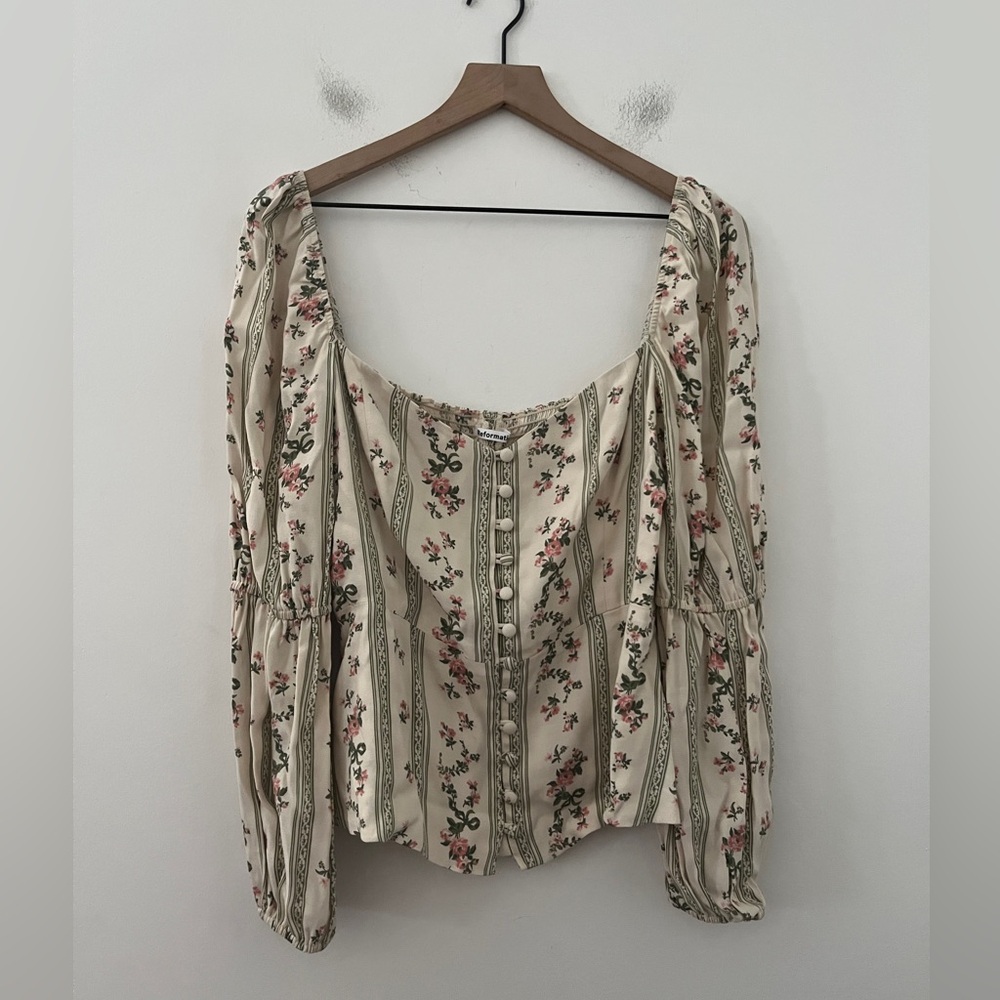 Reformation Cream Floral Peasant Blouse with Pink and Green Accents